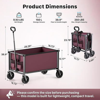 29.3" Collapsible Wagon Cart, 150L Heavy Duty Folding Utility Wagon - Image 3
