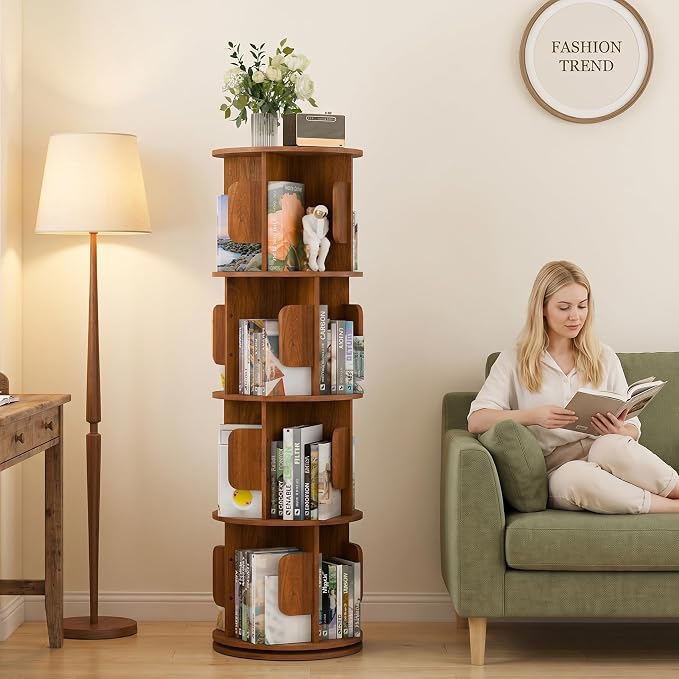 4-Tier 360° Rotating Bookshelf, Round Floor Standing Bookcase - Image 8