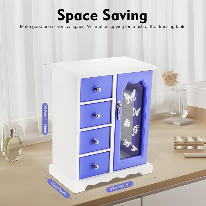 Purple Modern Jewelry Box with 4 Drawers, 360°Rotating Hook and Built-In Mirror - Image 5