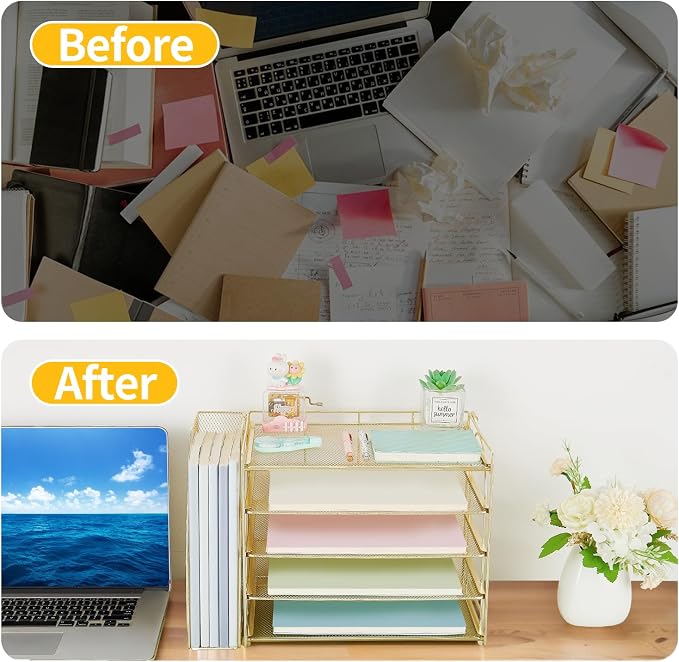 AUPSEN Gold Desk Accessories Organizer, 5-Tier Letter Tray Paper Organizer - Image 3