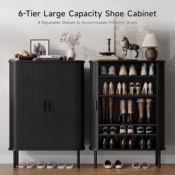 6-Tier Shoe Cabinet with Sliding Door, Wooden Shoe Storage Cabinet with - Image 3