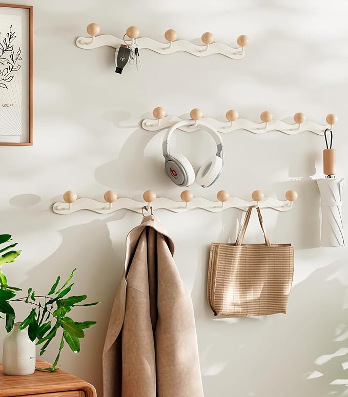 Coat Rack Wall Mount, Anti-Tear Wooden Ball Hook Rail, Heavy Duty Metal Coat - Image 5