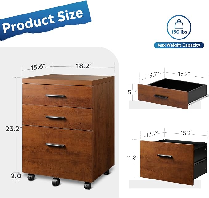 DEVAISE 3 Drawer File Cabinet for Home Office, Wood Under Desk Filing Cabinet - Image 3