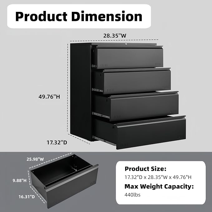 Metal File Cabinet with Lock, 4 Drawer Lateral File Cabinets - Image 2