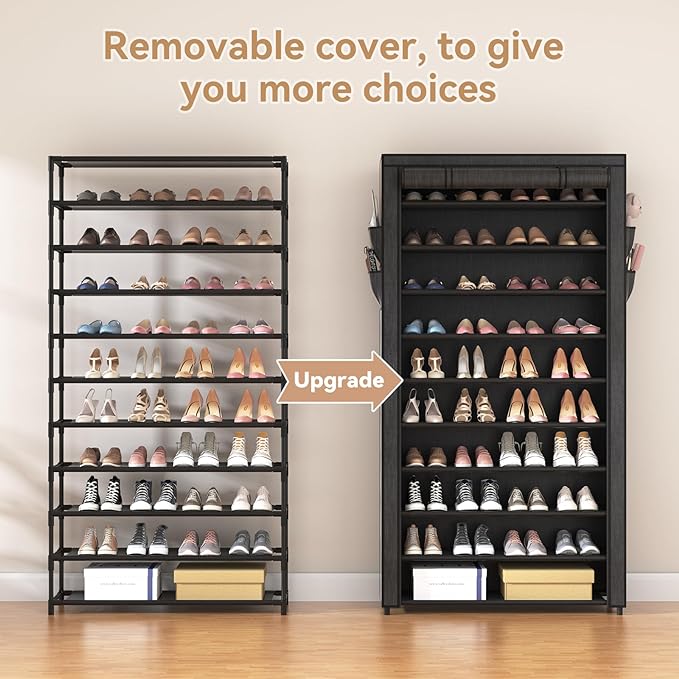 ROJASOP 10 Tier Shoe Rack with Covers, Large Capacity Stackable Tall Shoe Shelf - Image 5