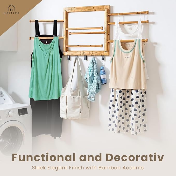 Bamboo Wall Mount Drying Rack for Laundry – Collapsible Foldable Clothes Dryer - Image 5