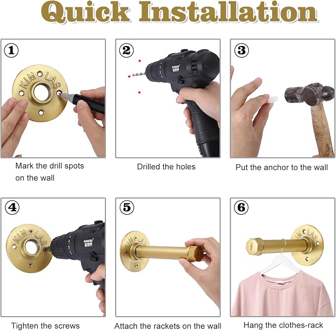 BTSKY 6 Pack Clothes Rack with Screws, 6 Inch Metal Industrial Pipe Clothes Bars - Image 7