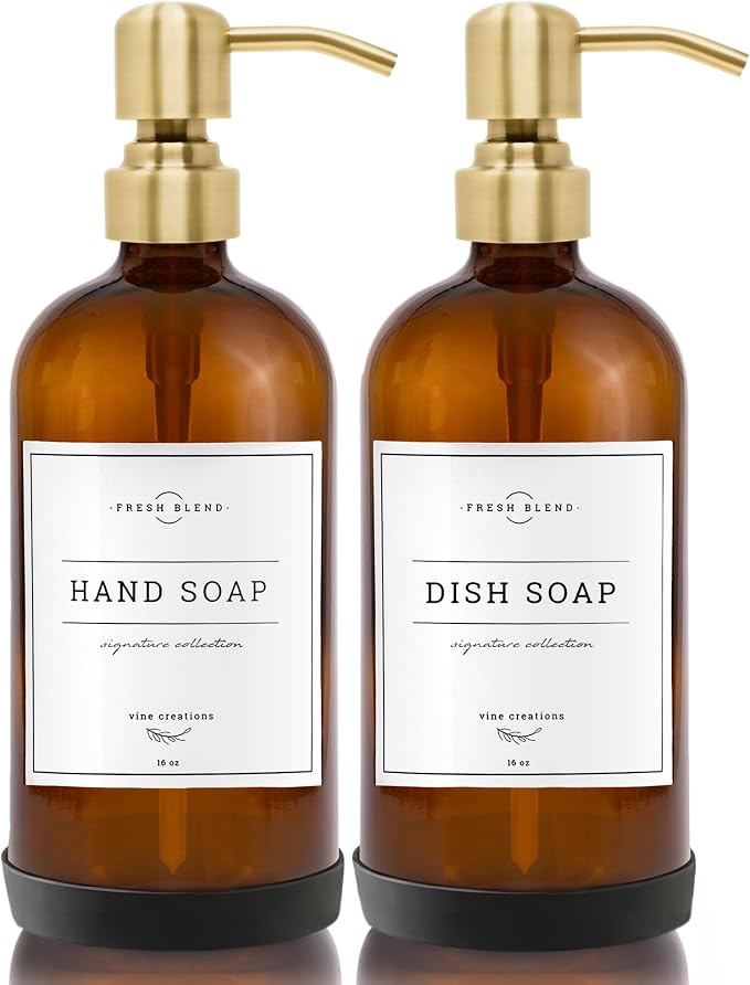 Vine Creations Amber Glass Soap Dispenser, 2 Pack Kitchen Soap Dispenser Set by VineCreations