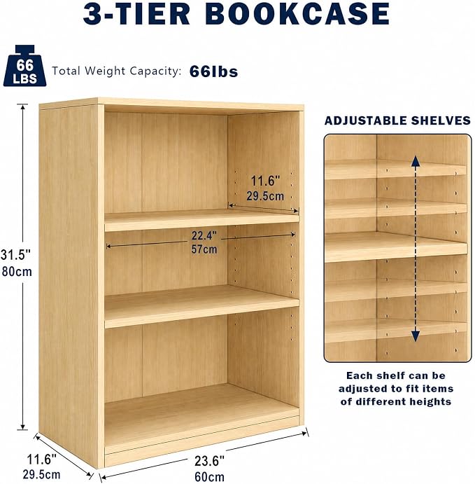 CTESNE【2026 Adjustable Shelves 3-Tier Bookcase, 71 inches, Wooden Open Display - Image 3
