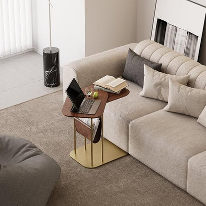 LOVEDIMA C-Shaped Walnut & Gold Rotating Side Table - Image 4