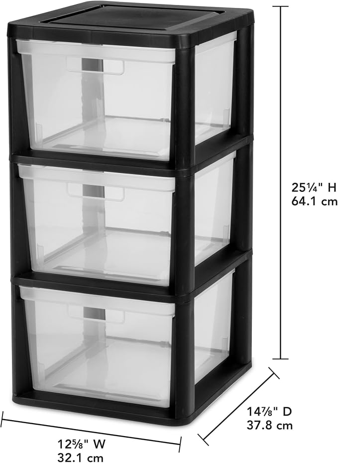 Black 3 Drawer Storage Tower, Plastic Organizer Cabinet - Image 2