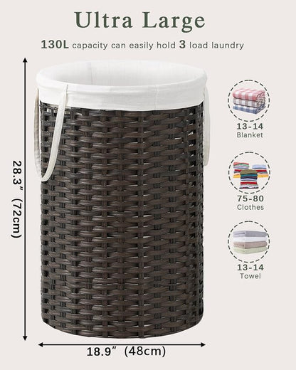 34.3 Gal Large Laundry Hamper Laundry Basket Round Handwoven Wicker Laundry - Image 5