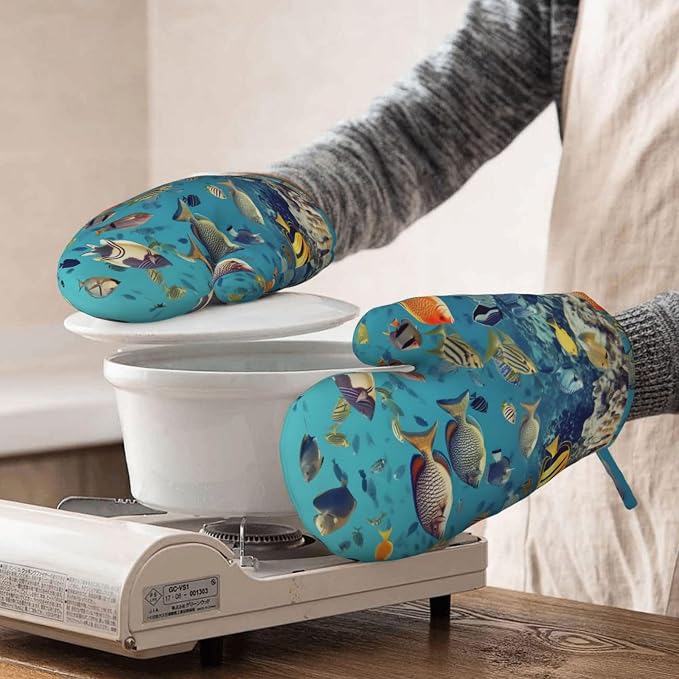 Sea Fishes Print Oven Mitts Set of 2, Heat Resistant Silicone Oven Mittens - Image 8