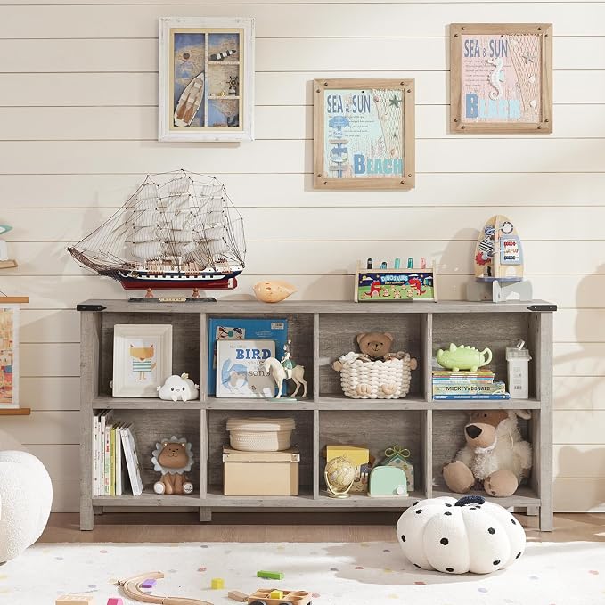 8 Cube Book Shelf, Farmhouse Wood Long Storage Organizer Bookcase, Hallway TV - Image 6