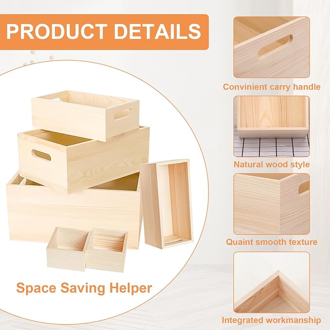 6 Packs Unfinished Wooden Box 5 Sizes Natural Handles Wood Boxes Storage - Image 3