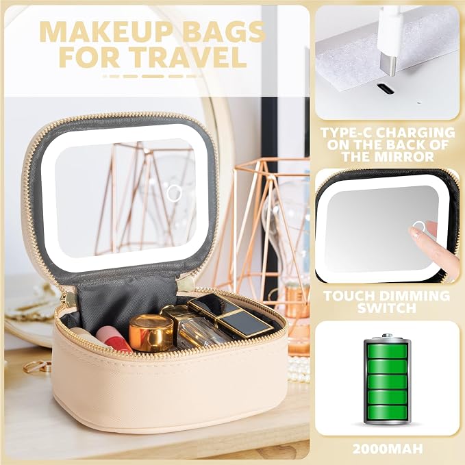 Small Makeup Bag with Led Mirror, Mini Travel Make up Bag 3 Light Modes - Image 3