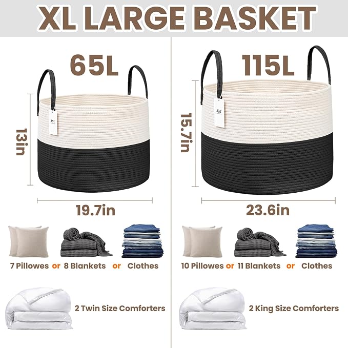 JMvicyroam 115L Extra Large Machine Washable Cotton Rope Blanket Basket | - Image 3
