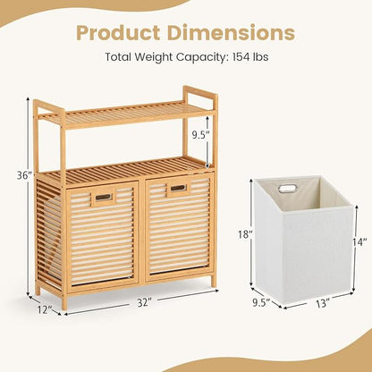 Giantex Double Tilt Out Laundry Hamper w/2-Tier Storage Shelf | 14 Gal Bamboo - Image 5