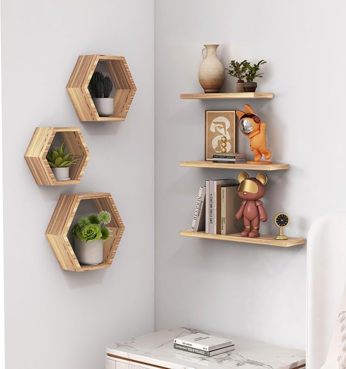 Wooden Hexagon Floating Shelves Wall Mounted - Image 5
