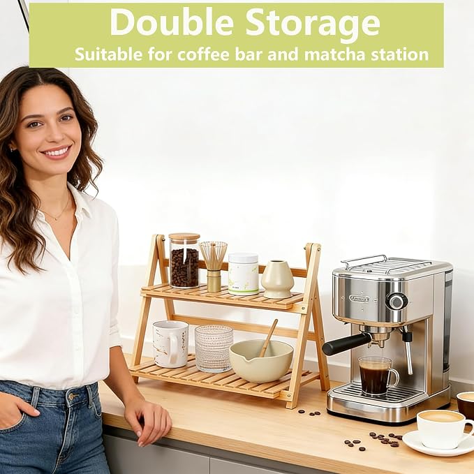 Bamboo Mug Shelf, 2-Tier Matcha Station & Coffee Bar Organizer-15.7 Inch - Image 7