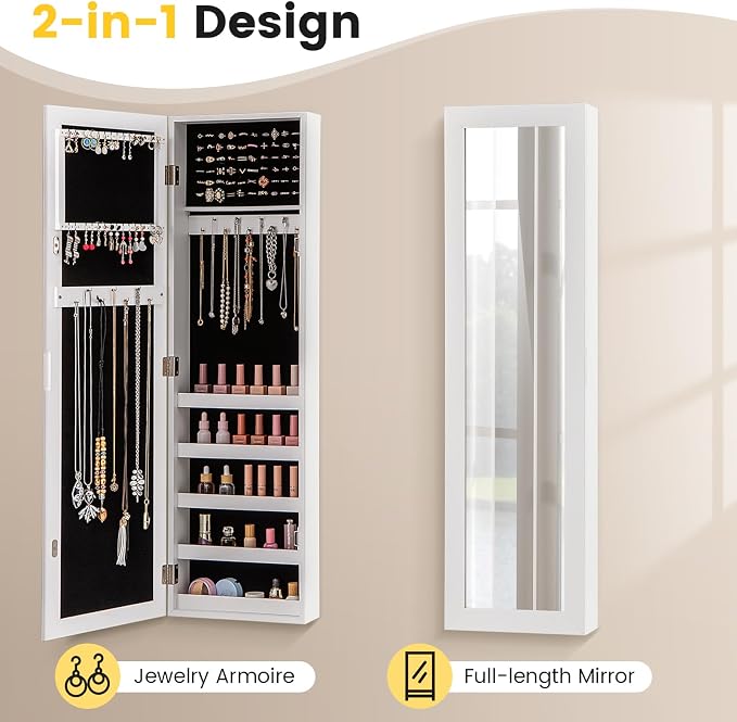 LOKO 42” Mirrored Jewelry Cabinet, Wall/Door Mounted Hanging Jewelry Armoire - Image 9