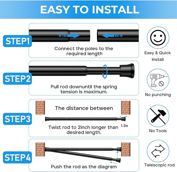 Tension Rod 28 to 48 inch, Adjustable Curtain Rods No Drilling Spring Rods - Image 6