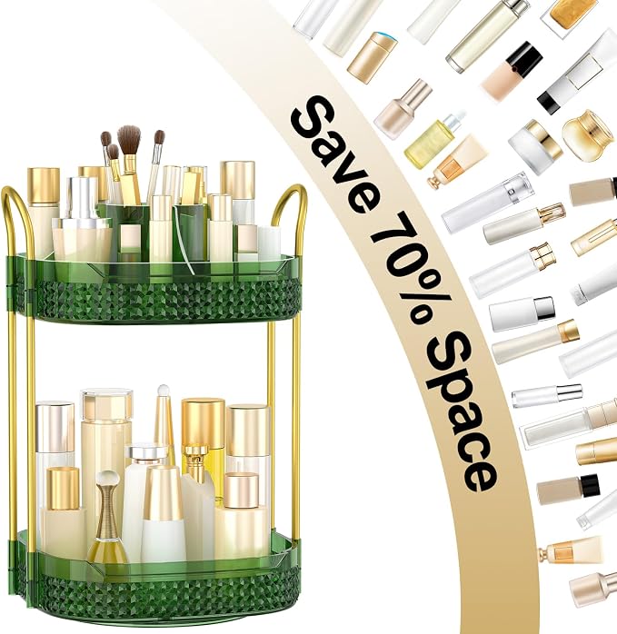 360° Rotating Makeup Organizer 2 Tier, Large Skincare Clear Make Up Storage - Image 2