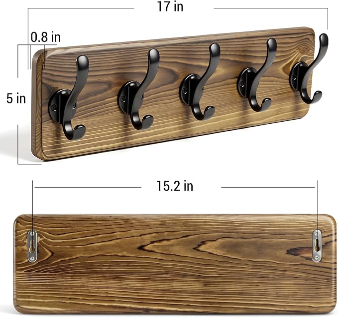 17" Coat Rack Wall Mount with 5 Metal Hooks, Rustic Wall Mounted Coat Rack | - Image 2