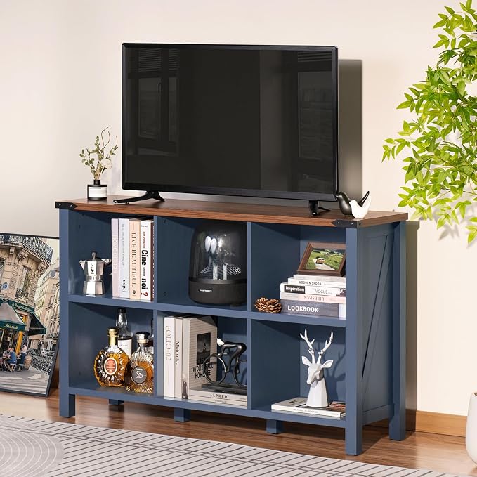 6 Cube Bookcase, Farmhouse Wood Low Storage Organizer Book Shelf, Hallway Book - Image 3