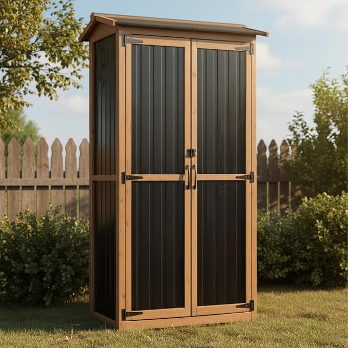 Outdoor Storage Cabinet Weather-Resistant, Wood & Metal Storage Shed by PETSCOSSET