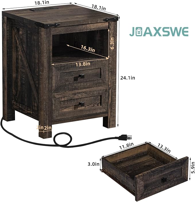Nightstand with Charging Station and USB Port, Farmhouse Side End Table with 2 - Image 2