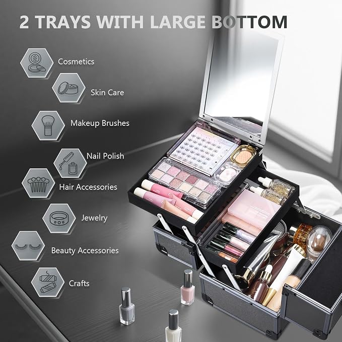 Joligrace Makeup Train Case Makeup Case Organizer Portable Cosmetic Box Storage - Image 4