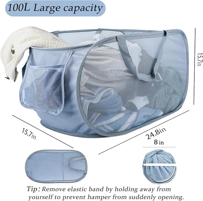 Extra Large Mesh Pop Up Laundry Hamper 2 Pack, 100L Foldable Laundry Baskets - Image 2