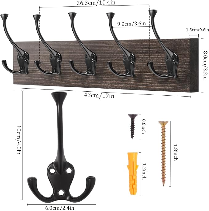 IBosins 2 Pack Coat Rack Wall Mount, Rustic Wooden Metal Coat Hooks Rail - Image 2