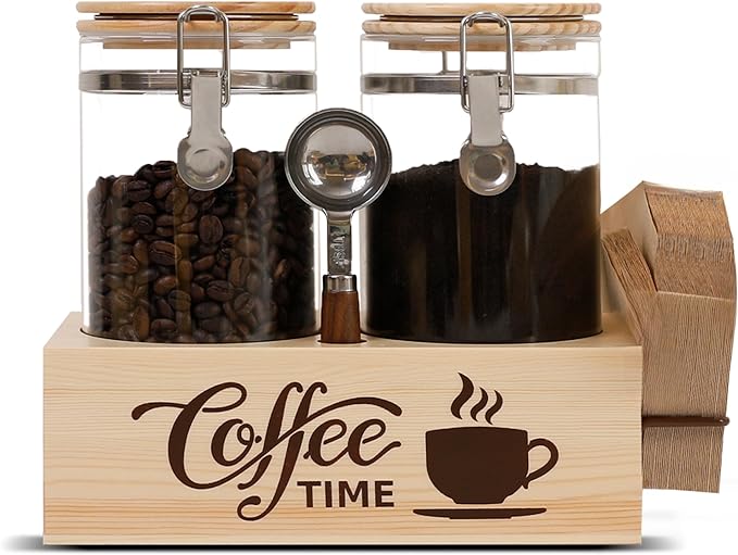 Glass Coffee Canister Set with Shelf & Spoon 2 Piece Coffee Containers by EQEYBRAND