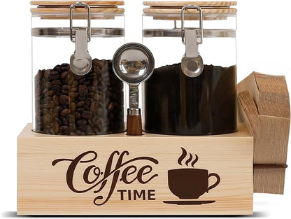 Glass Coffee Canister Set with Shelf & Spoon 2 Piece Coffee Containers by EQEYBRAND