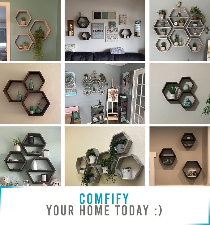 Comfify Rustic White Hexagonal Floating Shelves – Set of 3 – Honeycomb | Rustic - Image 7
