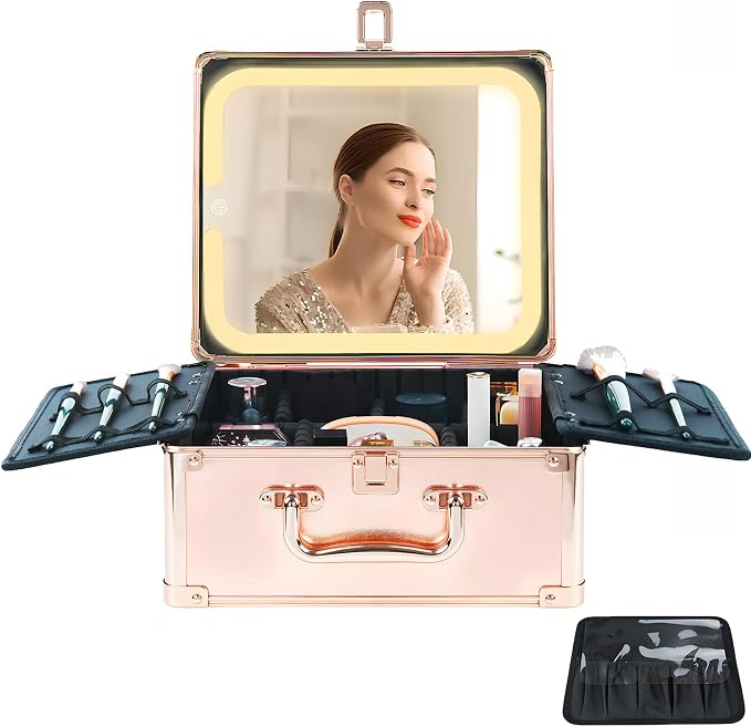 Makeup Organizer Box with Detachable Lighted Mirror, Travel Train Cosmetic Case by UnicornSlumber