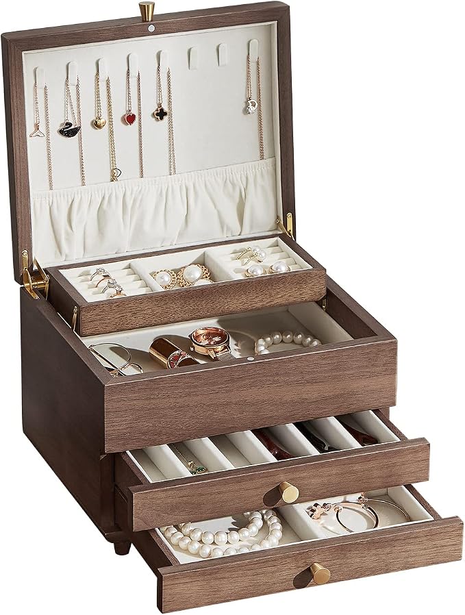 Wooden Jewelry Box, 3 Layer Large Jewelry Organizer by Homruilink