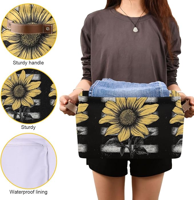 White Black American Flag Sunflower Storage Bins Box Foldable Shelf Basket - Image 7