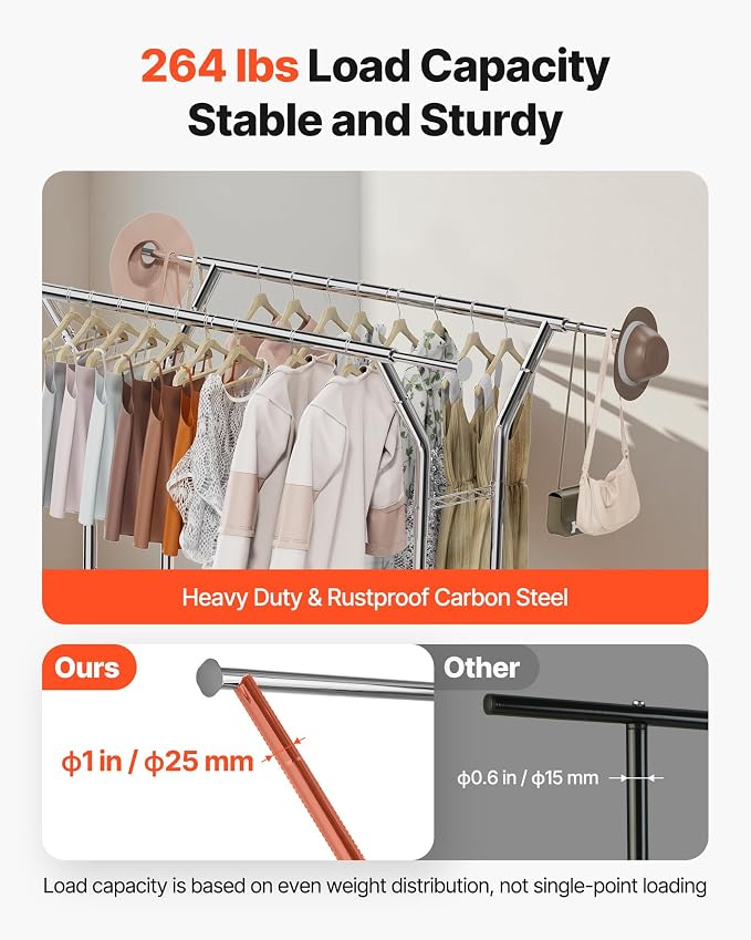 VEVOR Clothes Rack, Rolling Clothing Garment Rack, Extendable Carbon Steel - Image 4