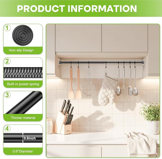2 Pack Spring Tension Curtain Rod 17-41 Inch Black Tension Rod Extendable - Image 4