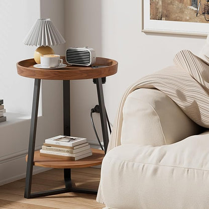 Gadroad Round End Table with Charging Station, USB Ports, Wood Tabletop & Black - Image 2