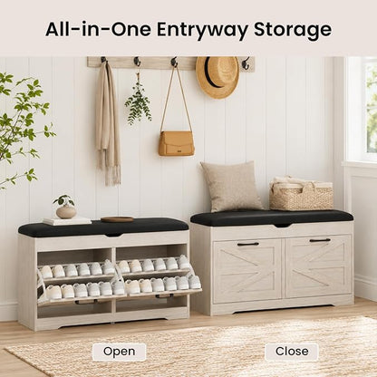 39" Shoe Storage Bench with Seat Cushion, Ash White | 8-Pair Shoe Capacity - Image 5