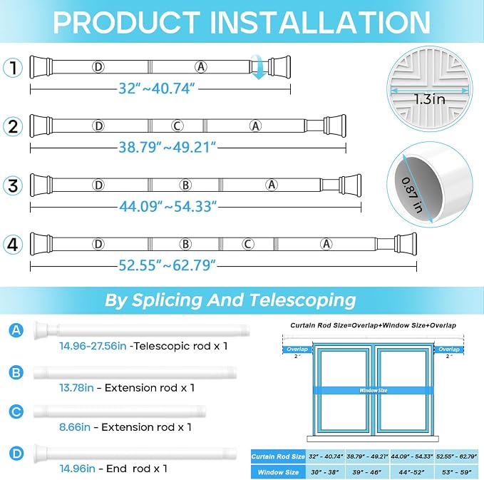 2 Pack Spring Tension Curtain Rod 32-62 inch, Adjustable Expandable Tension - Image 3