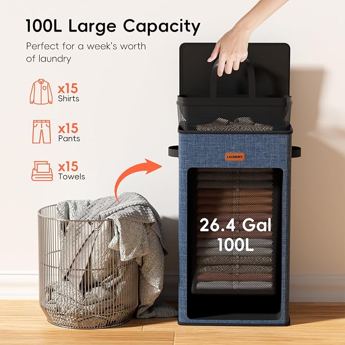 100L Laundry Hamper with Lid, Large Clothes Hampers with Removable Bag - Image 3