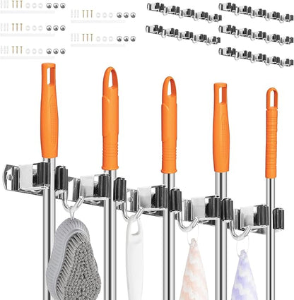 5 Pack Broom Holder Wall Mount 5 Racks 4 Hooks Stainless Steel Broom Mop Holder - Image 9