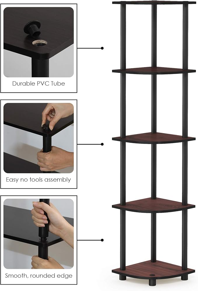 Furinno TURN-N-TUBE Corner Shelf Set of 2, 5-Tier Corner Bookshelf, Open - Image 6