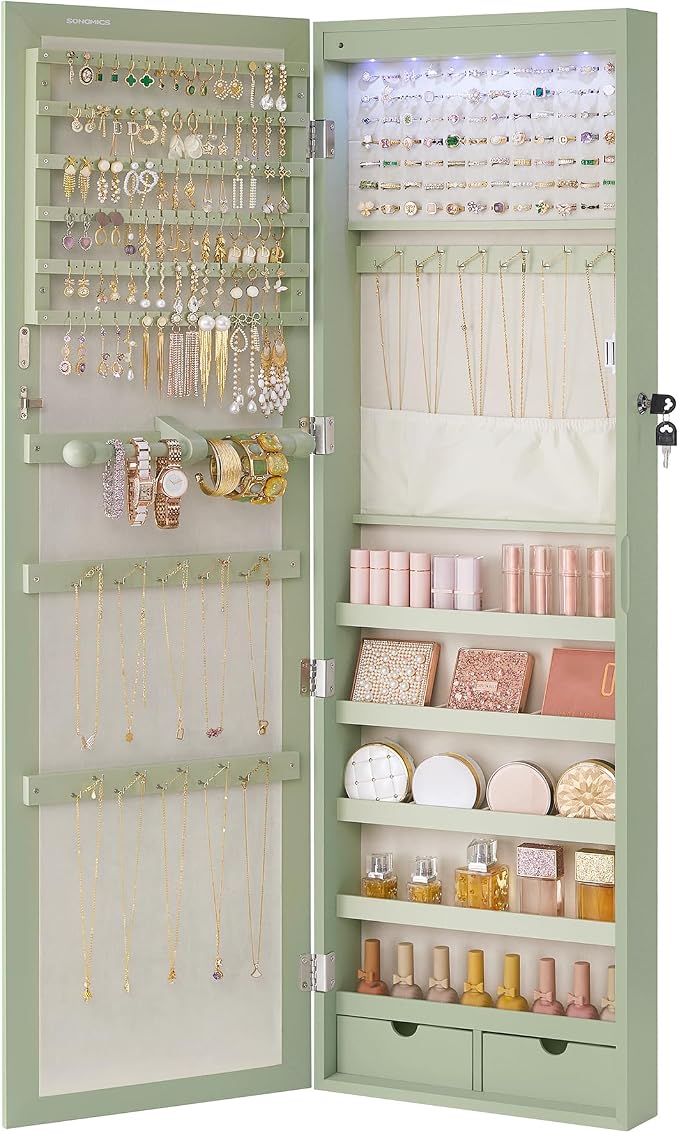 SONGMICS 6 LEDs Mirror Jewelry Cabinet, 47.2-Inch Tall Lockable Wall or Door by SONGMICSbySONGMICSHOME