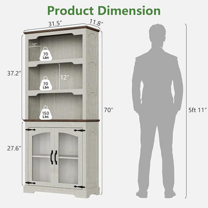 70 Inch Farmhouse Bookcase, Distressed White and Walnut Two-Tone Shelves - Image 2